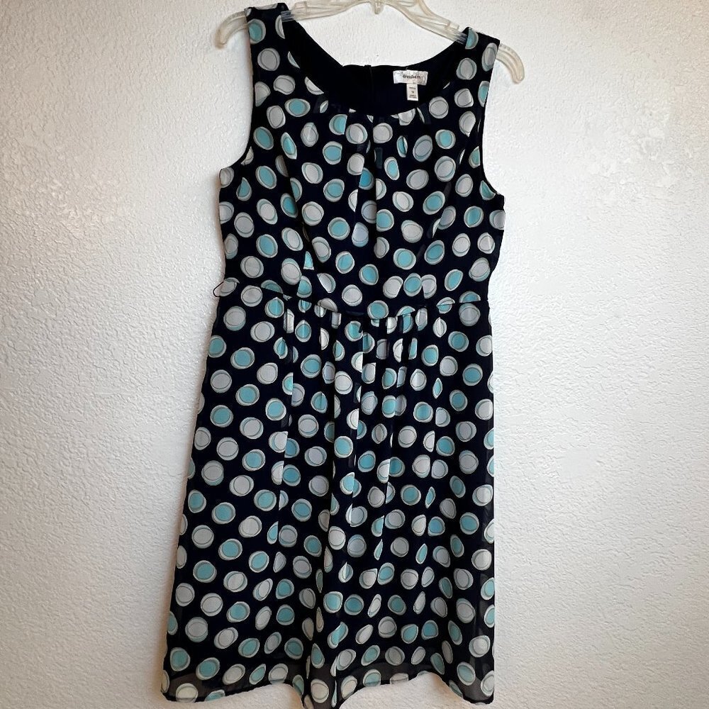 Dress Barn Petite 10 Navy Blue Teal Polka Dot Sleeveless Chiffon Dress TEM43229P